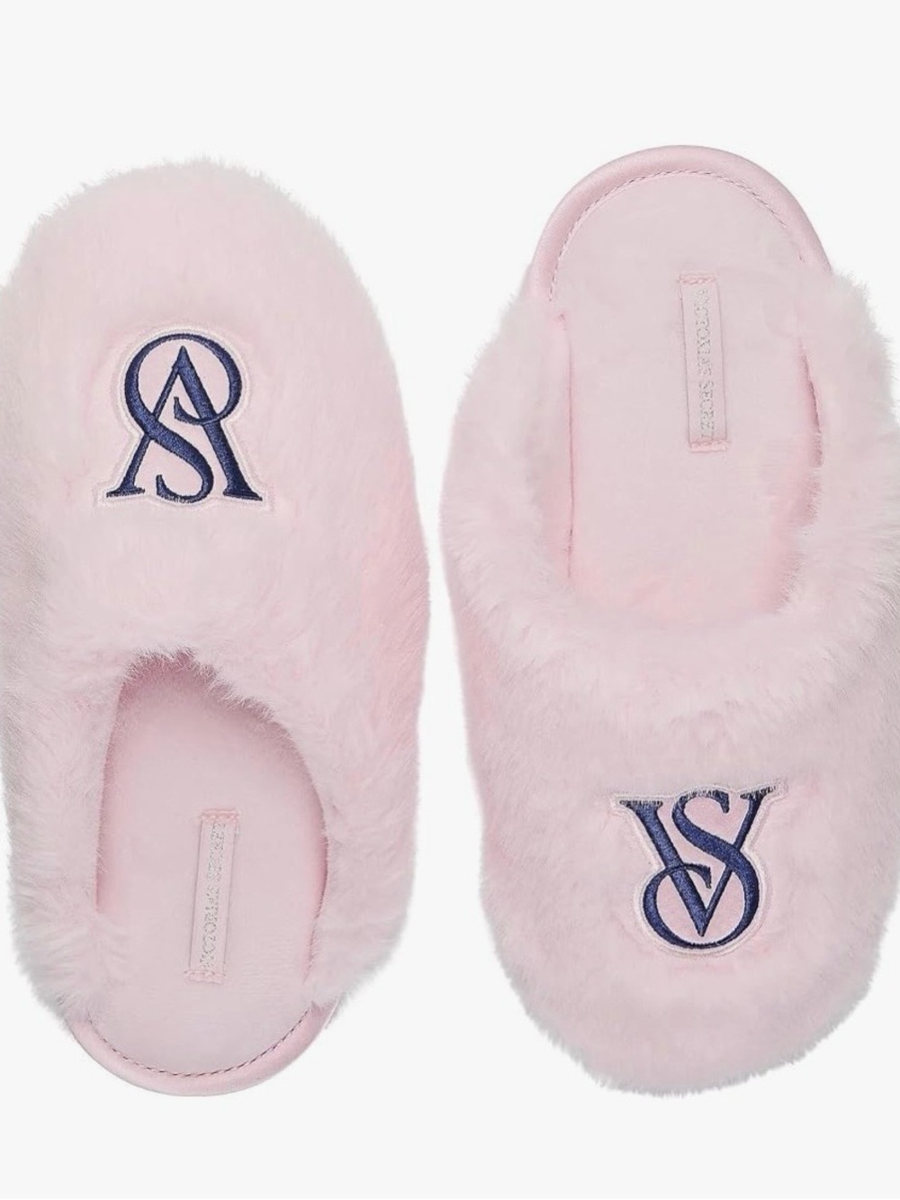 Victoria's Secret Pink Faux-Fur Slide Slippers with Navy Monogram